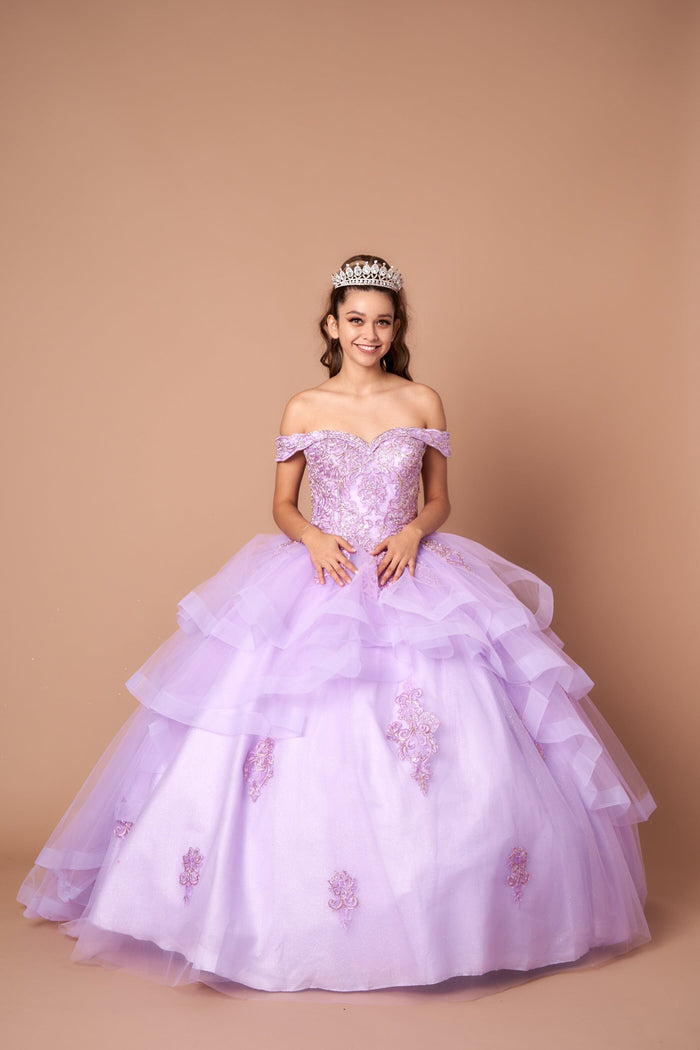Layered Off-Shoulder Glitter Quinceañera Dress by Calla KY-018383