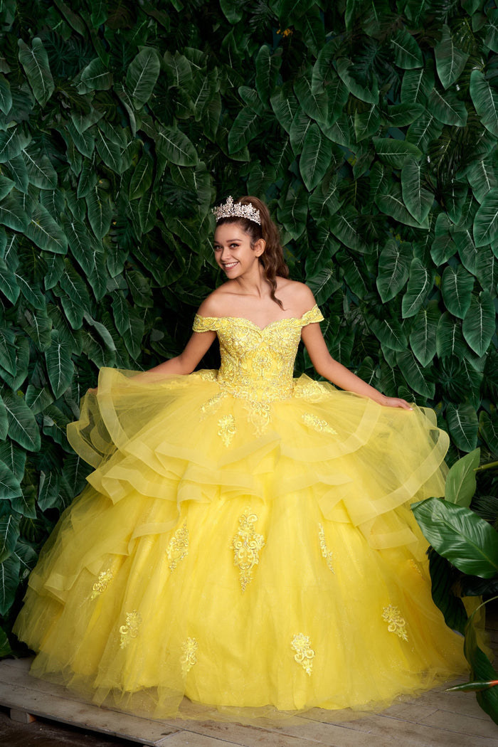 Layered Off-Shoulder Glitter Quinceañera Dress by Calla KY-018383
