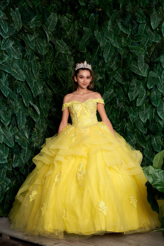 Layered Off-Shoulder Glitter Quinceañera Dress by Calla KY-018383