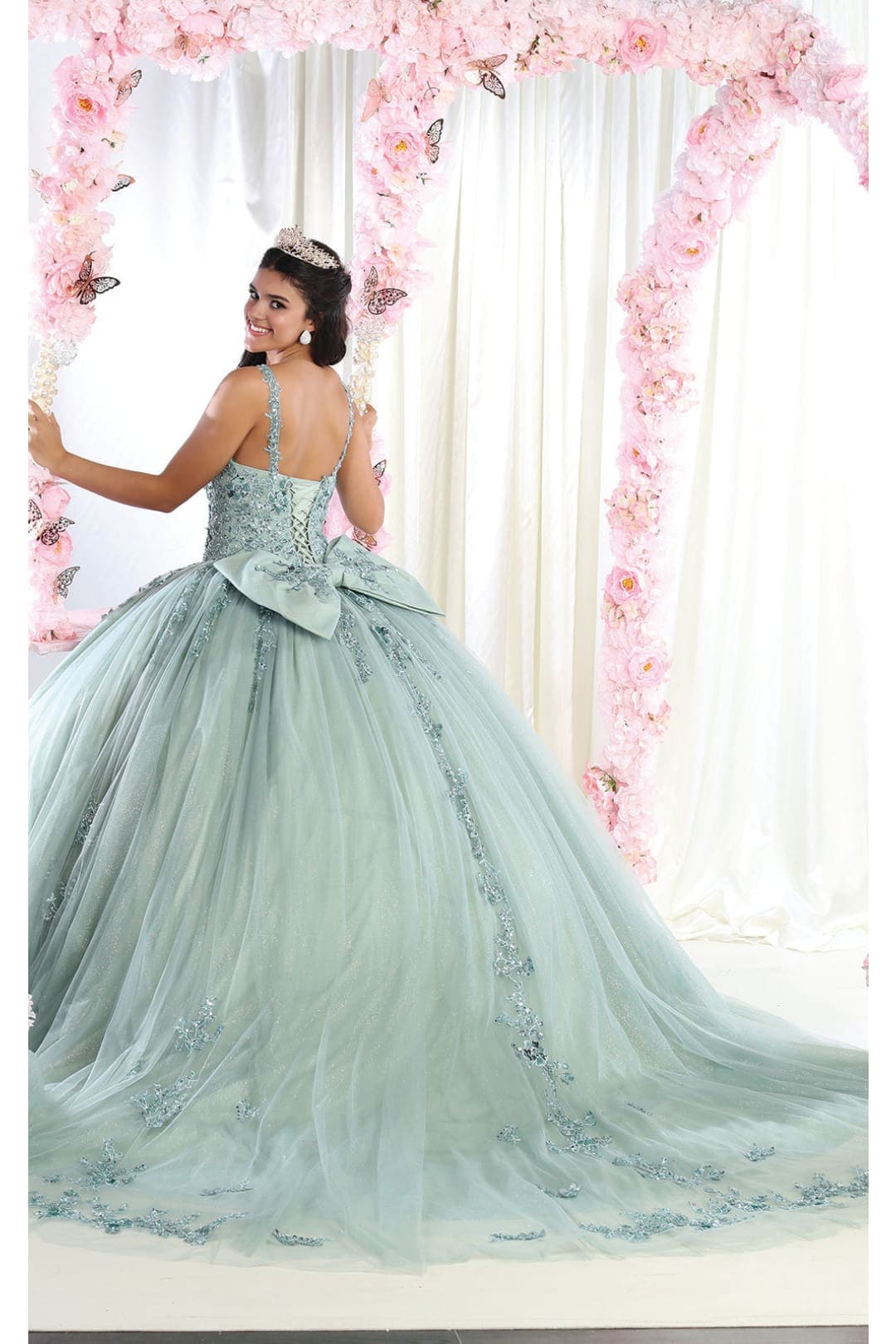 Quinceanera Dress Ball Gown in Mesh Glitter Bow Train by Layla K LK174