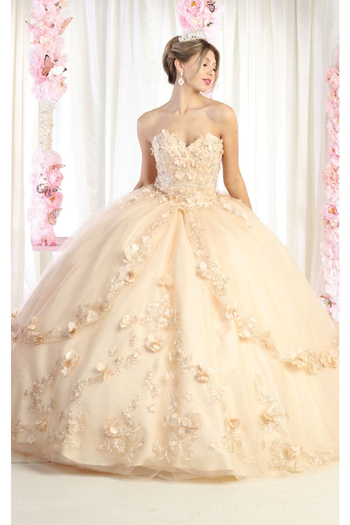 Strapless Sweetheart Floral Applique Ball Gown