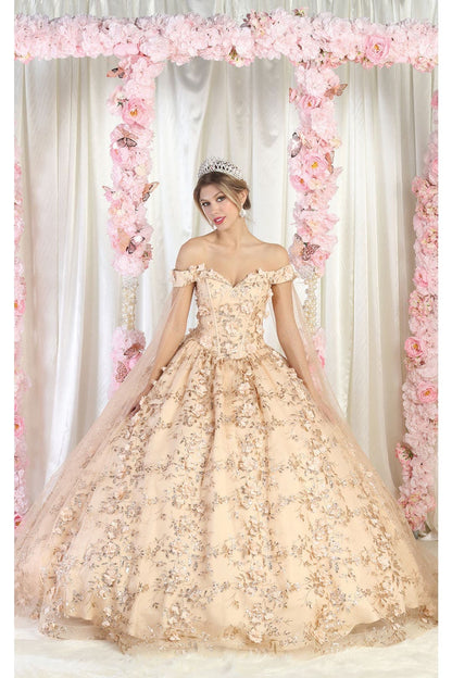 Layla K LK184 Cape Floral Quinceanera Ball Gown - CHAMPAGNE/GOLD / 2