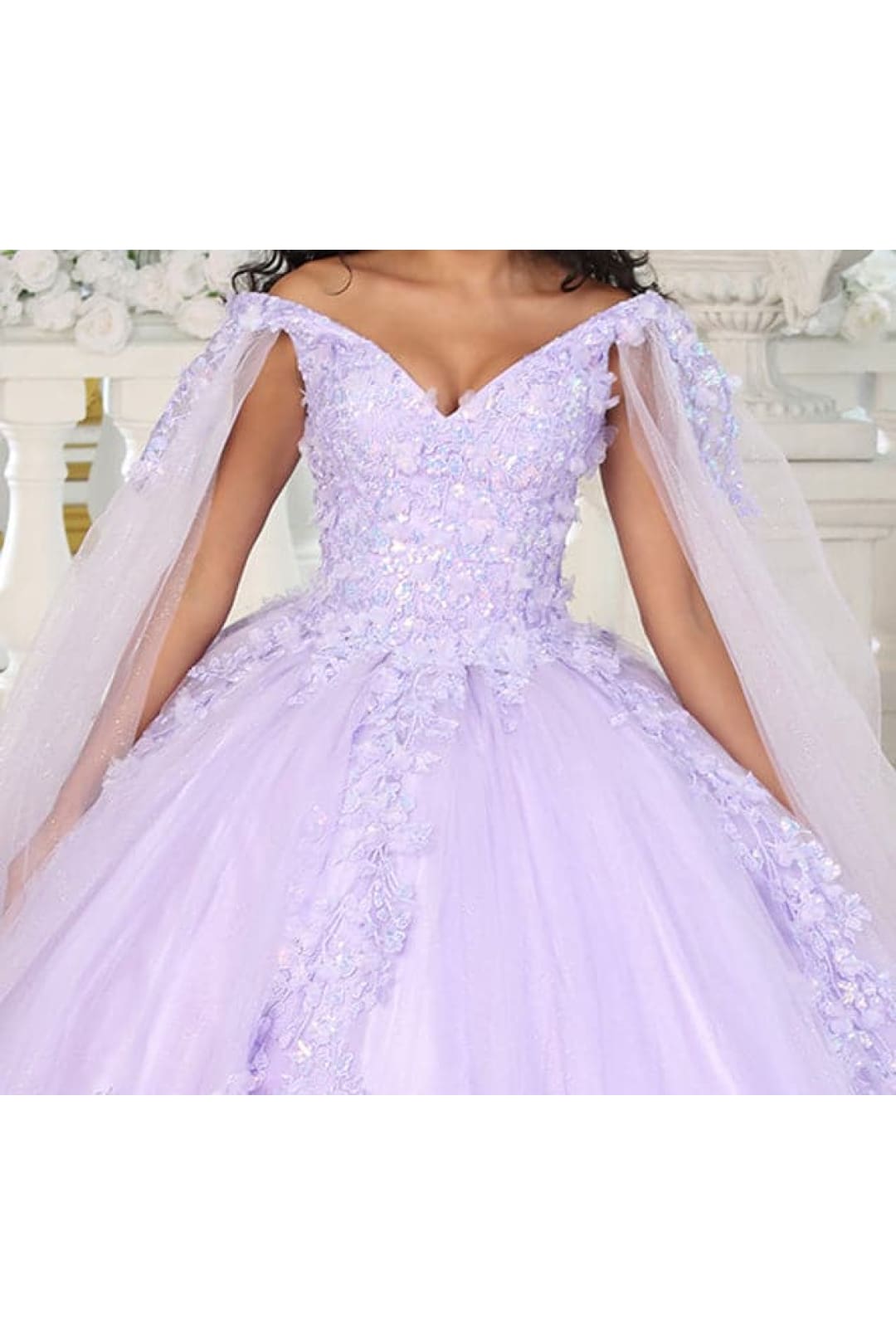 Layla K LK193 3D Floral Applique Cape Sleeves Corset Quince Ball Gown