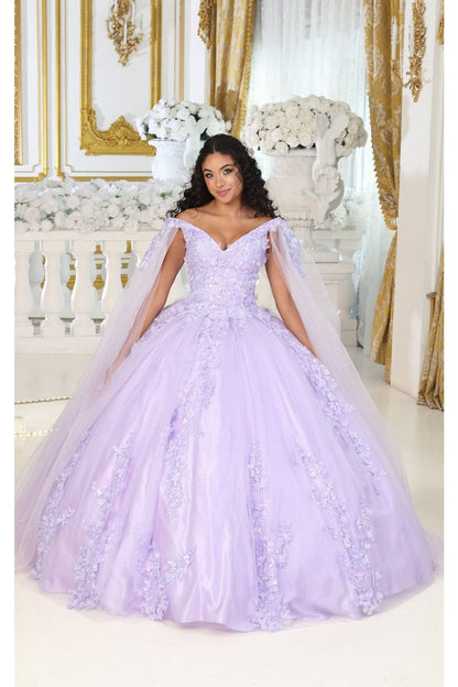 Layla K LK193 3D Floral Applique Cape Sleeves Corset Quince Ball Gown - LILAC / 4