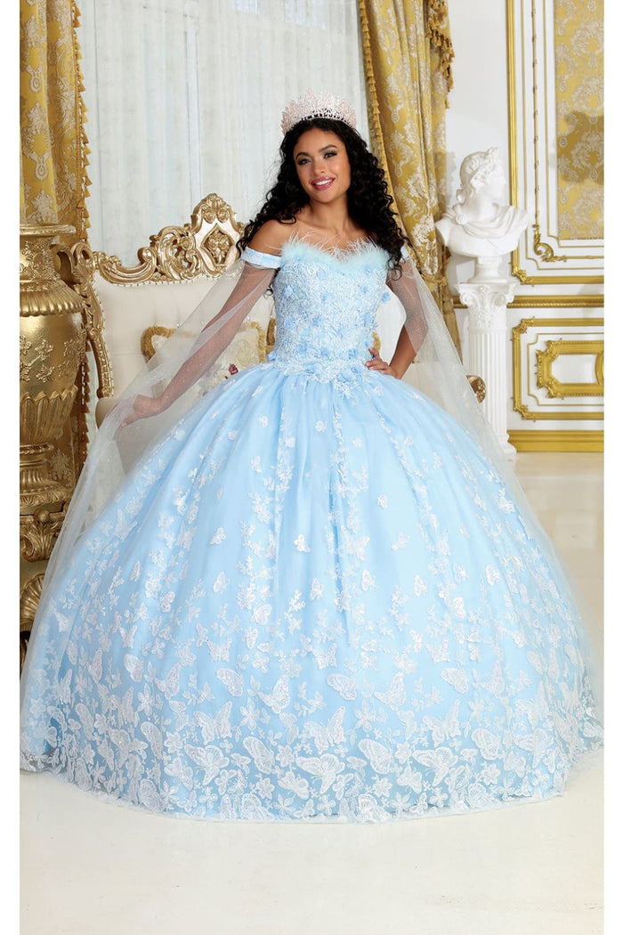 Glitter Butterfly Applique Cape Sleeves Quinceanera Gown