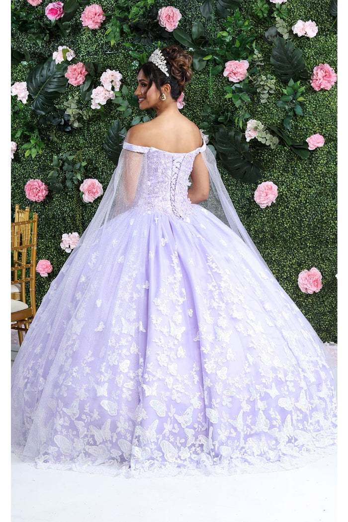 Glitter Butterfly Applique Cape Sleeves Quinceanera Gown
