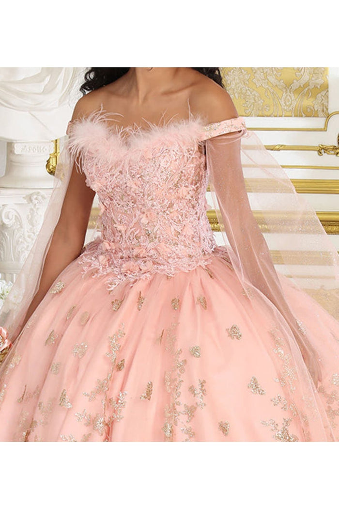 Glitter Butterfly Applique Cape Sleeves Quinceanera Gown