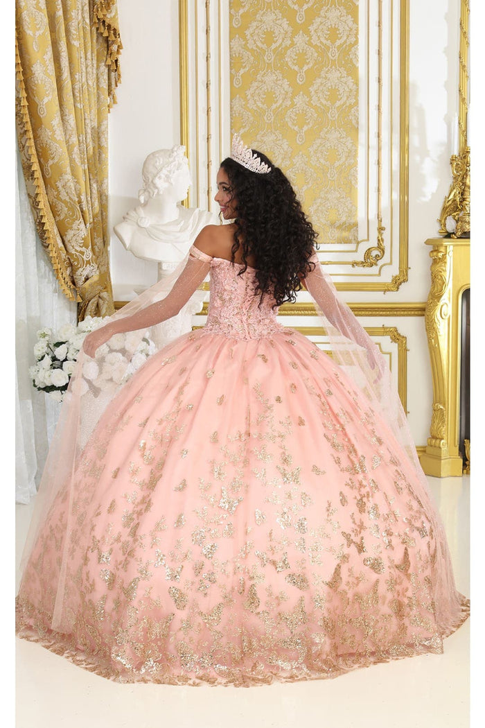 Glitter Butterfly Applique Cape Sleeves Quinceanera Gown