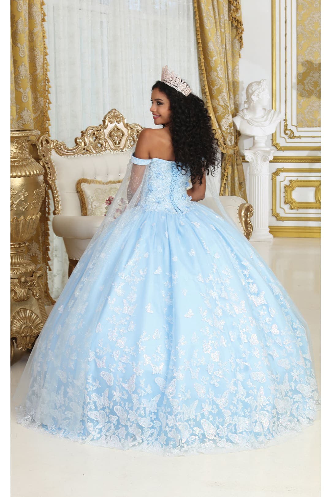 Glitter Butterfly Applique Cape Sleeves Quinceanera Gown