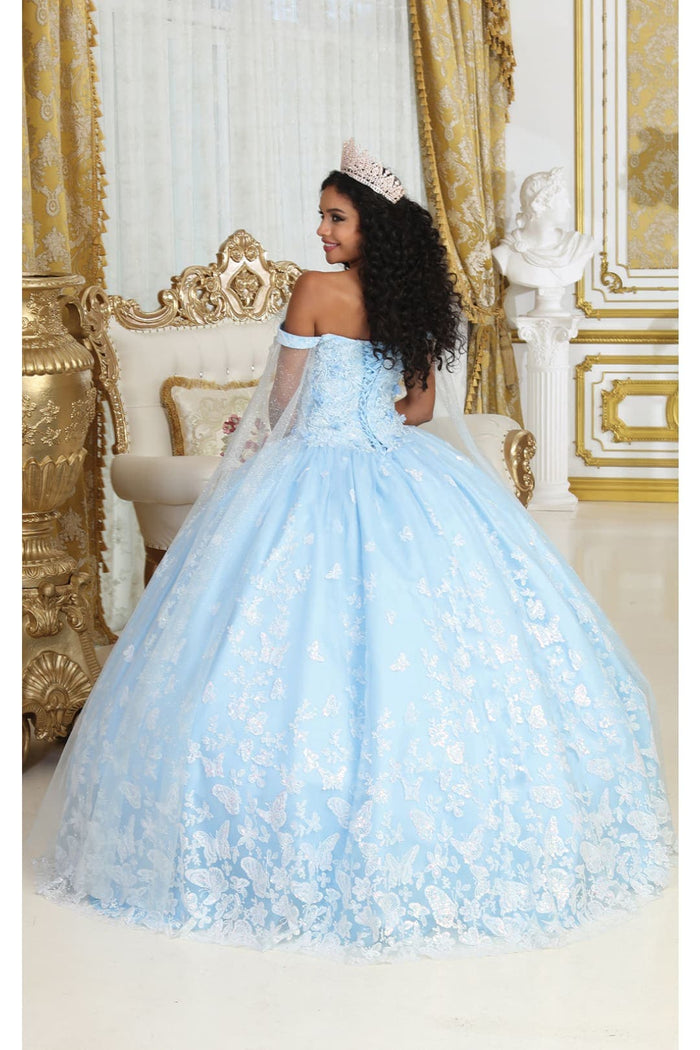 Glitter Butterfly Applique Cape Sleeves Quinceanera Gown