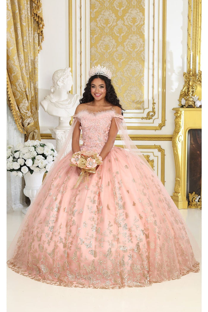 Glitter Butterfly Applique Cape Sleeves Quinceanera Gown