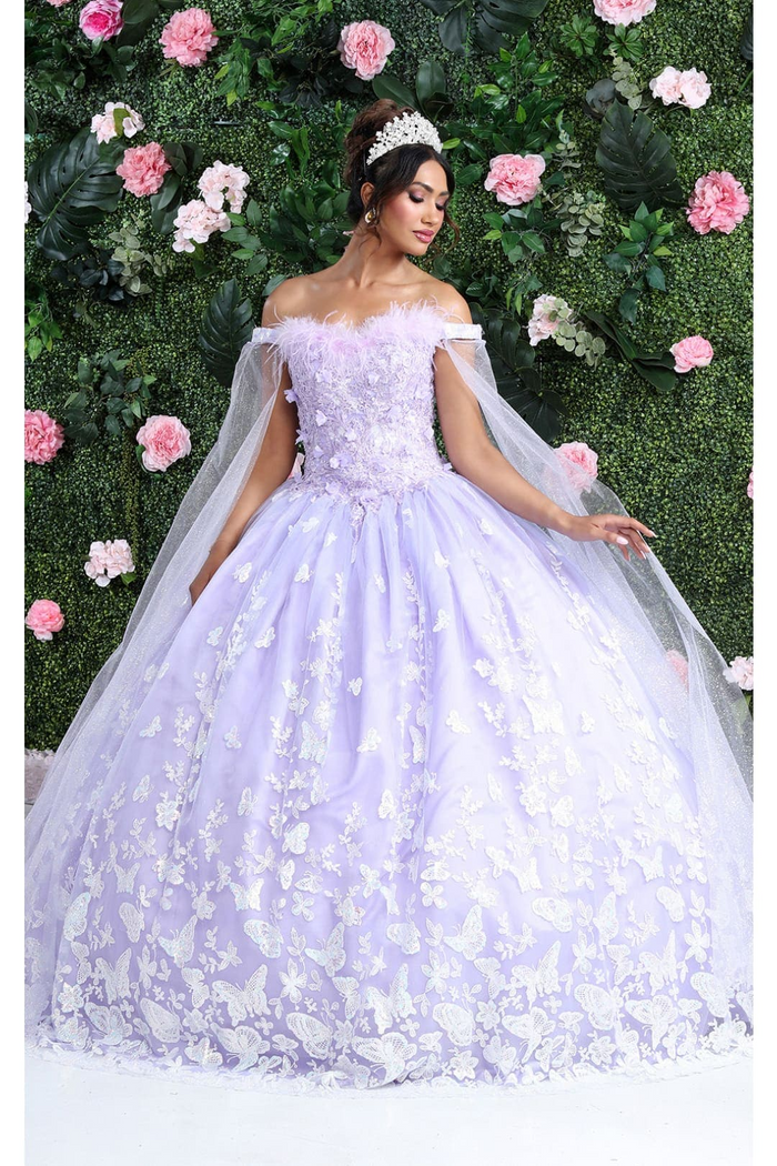 Glitter Butterfly Applique Cape Sleeves Quinceanera Gown