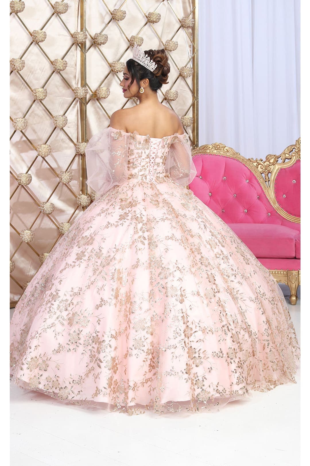 Layla K LK200 Detachable Puff Sleeves Sweetheart Glitter Quince Gown - Dress