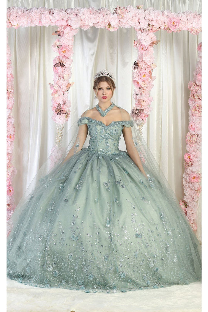 Quinceanera Dress Ball Gown W/ Cape 3D Floral Mesh by Layla K LK202