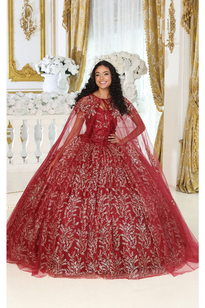 Layla K LK204 Detachable Cape Glitter 3D Floral Applique Quince Gown