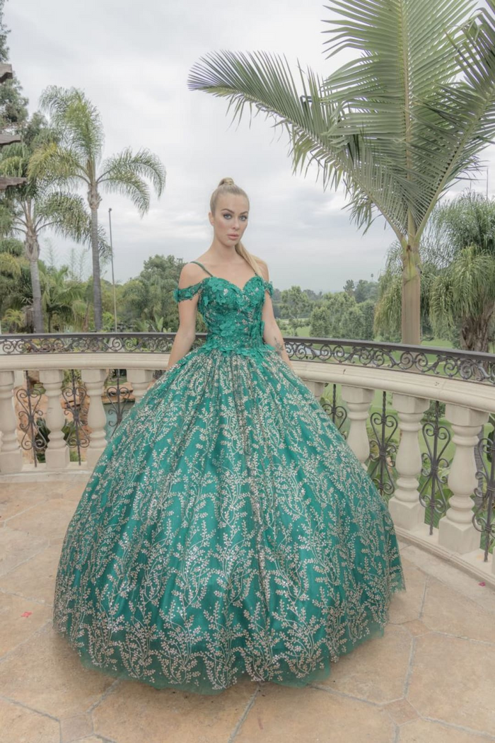 Layla K LK204 Detachable Cape Glitter 3D Floral Applique Quince Gown - HUNTER GREEN / 4