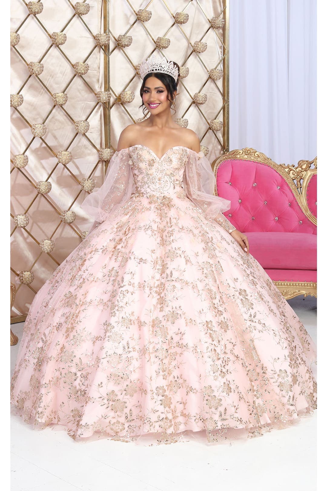 LA Merchandise LA206 Off Shoulder Puff Sleeves Quinceanera Ball Gown - BLUSH/GOLD / 4 - Dress