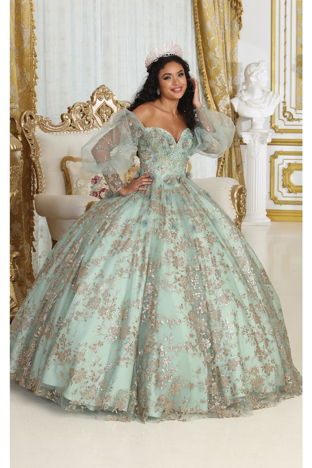 LA Merchandise LA206 Off Shoulder Puff Sleeves Quinceanera Ball Gown - SAGE/GOLD / 4 - Dress