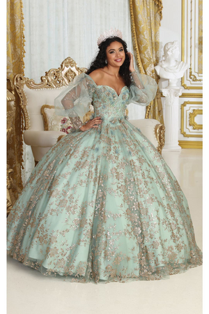 LA Merchandise LA206 Off Shoulder Puff Sleeves Quinceanera Ball Gown - SAGE/GOLD / 4 - Dress