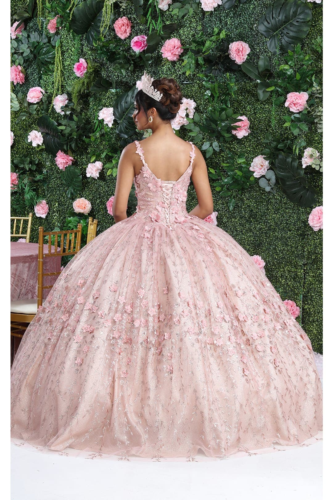 Layla K LK208 Sleeveless 3D Floral Glitter Corset Back Quince Ball Gown