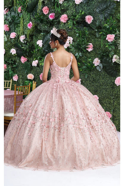 Layla K LK208 Sleeveless 3D Floral Glitter Corset Back Quince Ball Gown