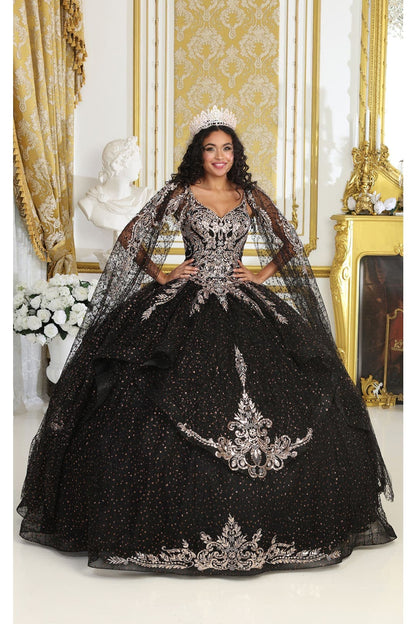 Layla K LK218 Detachable Cape Sleeves Glitter Corset Quinceanera Ball Gown - BLACK / 4 - Dress