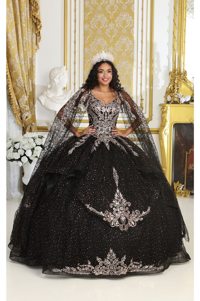 Layla K LK218 Detachable Cape Sleeves Glitter Corset Quinceanera Ball Gown - BLACK / 4 - Dress
