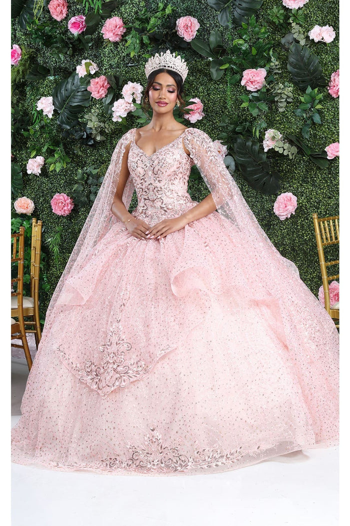 Layla K LK218 Detachable Cape Sleeves Glitter Corset Quinceanera Ball Gown