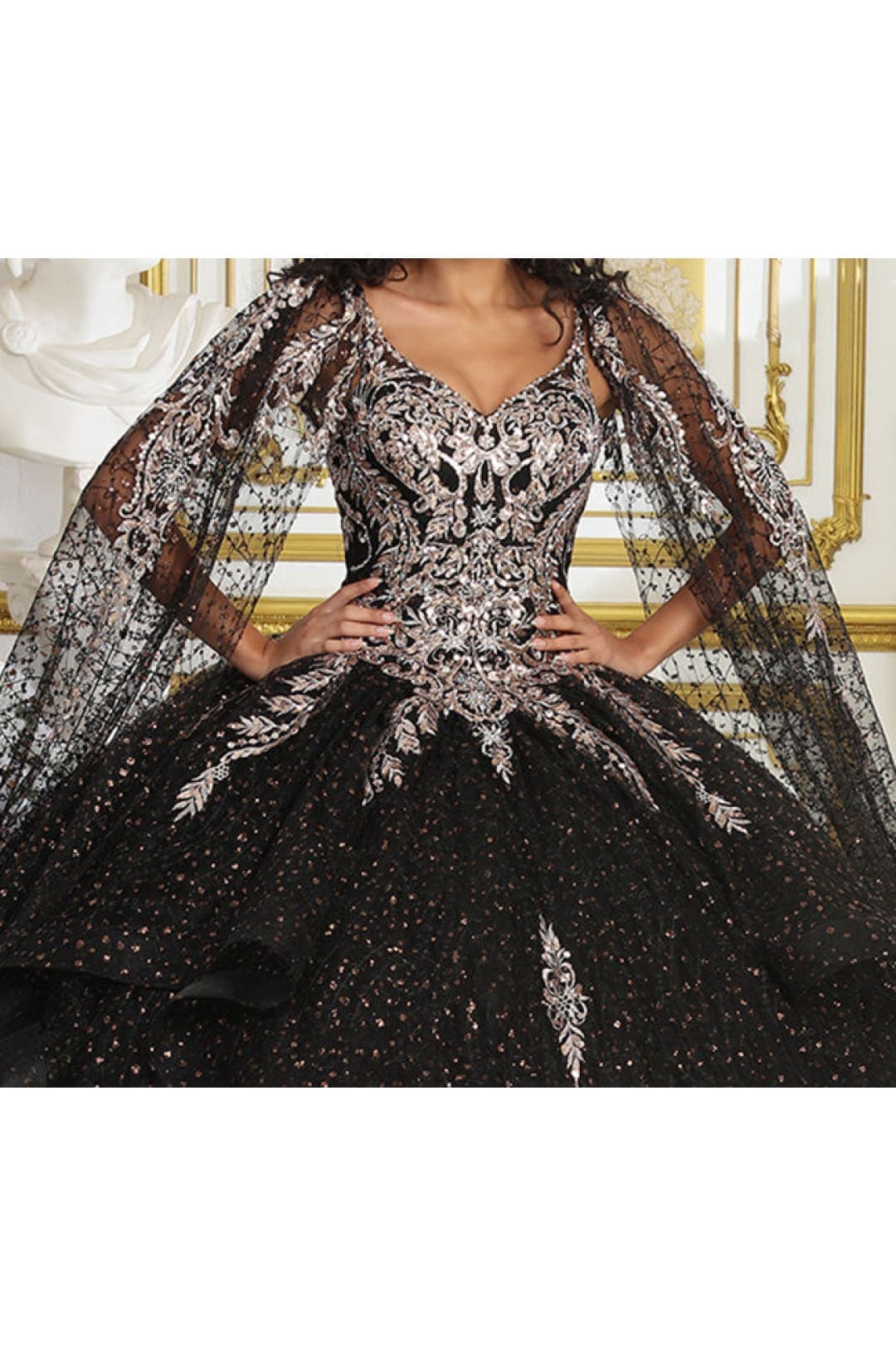Layla K LK218 Detachable Cape Sleeves Glitter Corset Quinceanera Ball Gown - Dress