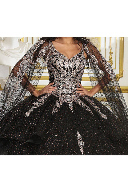 Layla K LK218 Detachable Cape Sleeves Glitter Corset Quinceanera Ball Gown - Dress