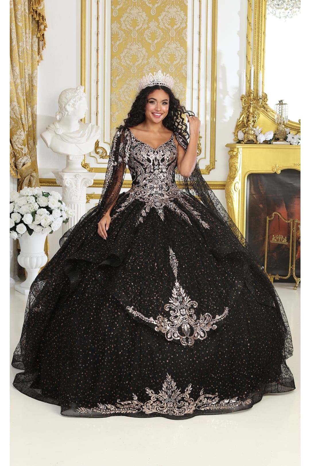 Layla K LK218 Detachable Cape Sleeves Glitter Corset Quinceanera Ball Gown - Dress
