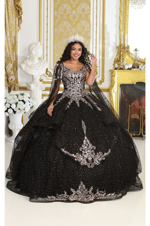 Layla K LK218 Detachable Cape Sleeves Glitter Corset Quinceanera Ball Gown - Dress