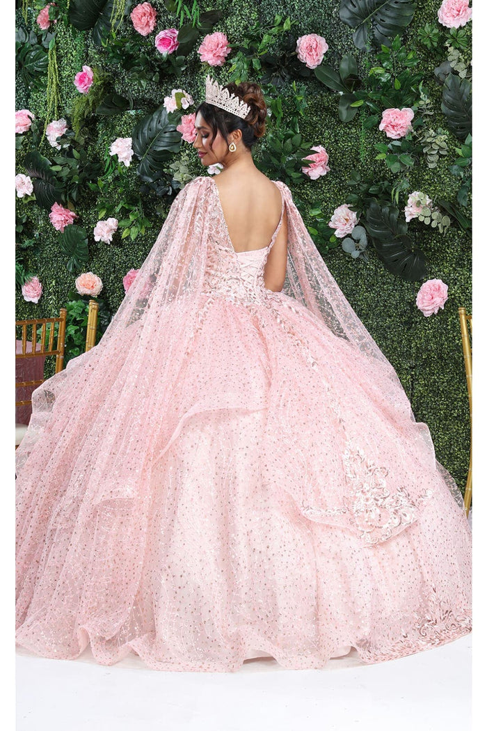 Layla K LK218 Detachable Cape Sleeves Glitter Corset Quinceanera Ball Gown