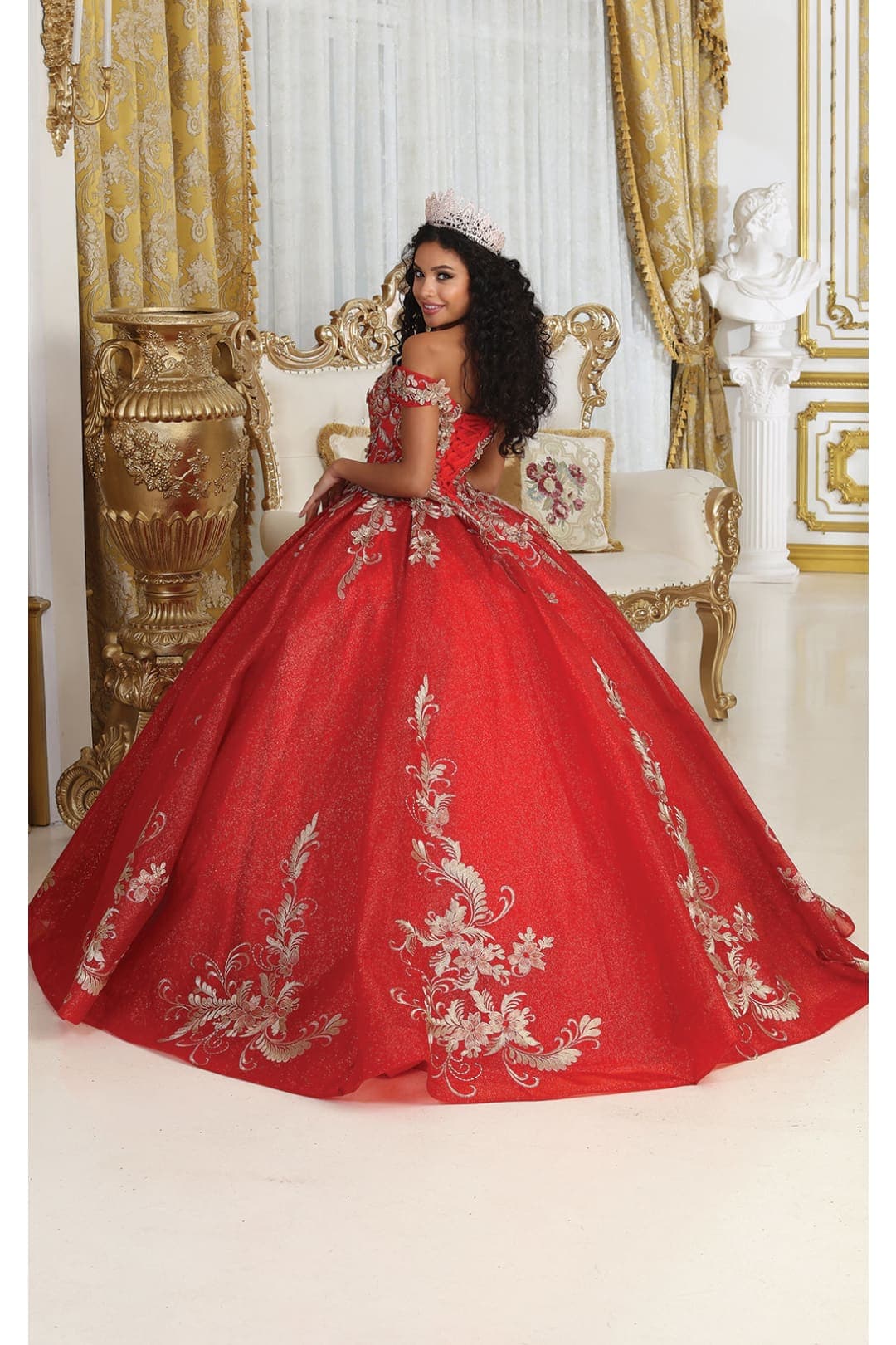 Off Shoulder Corset Back Embroidery Quince Gown
