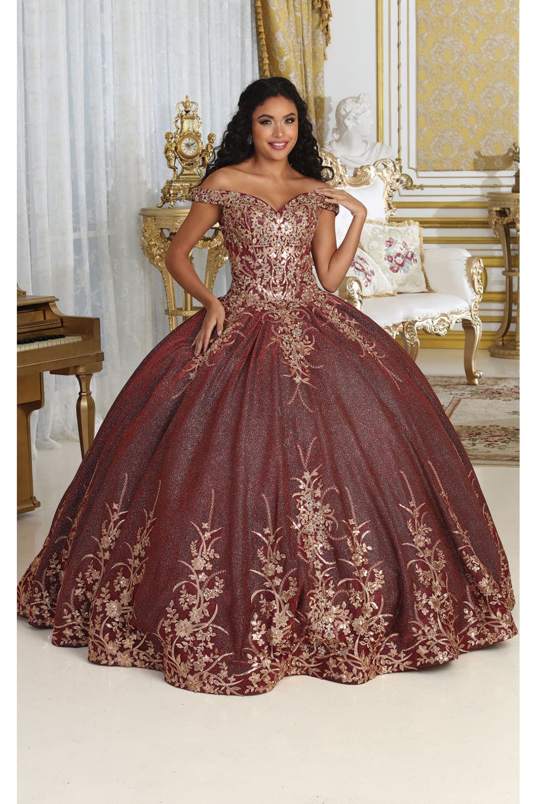 Layla K LK220 Off Shoulder Sparkling Lace Up Quinceanera Ball Gown - BURGUNDY / 4 - Dress