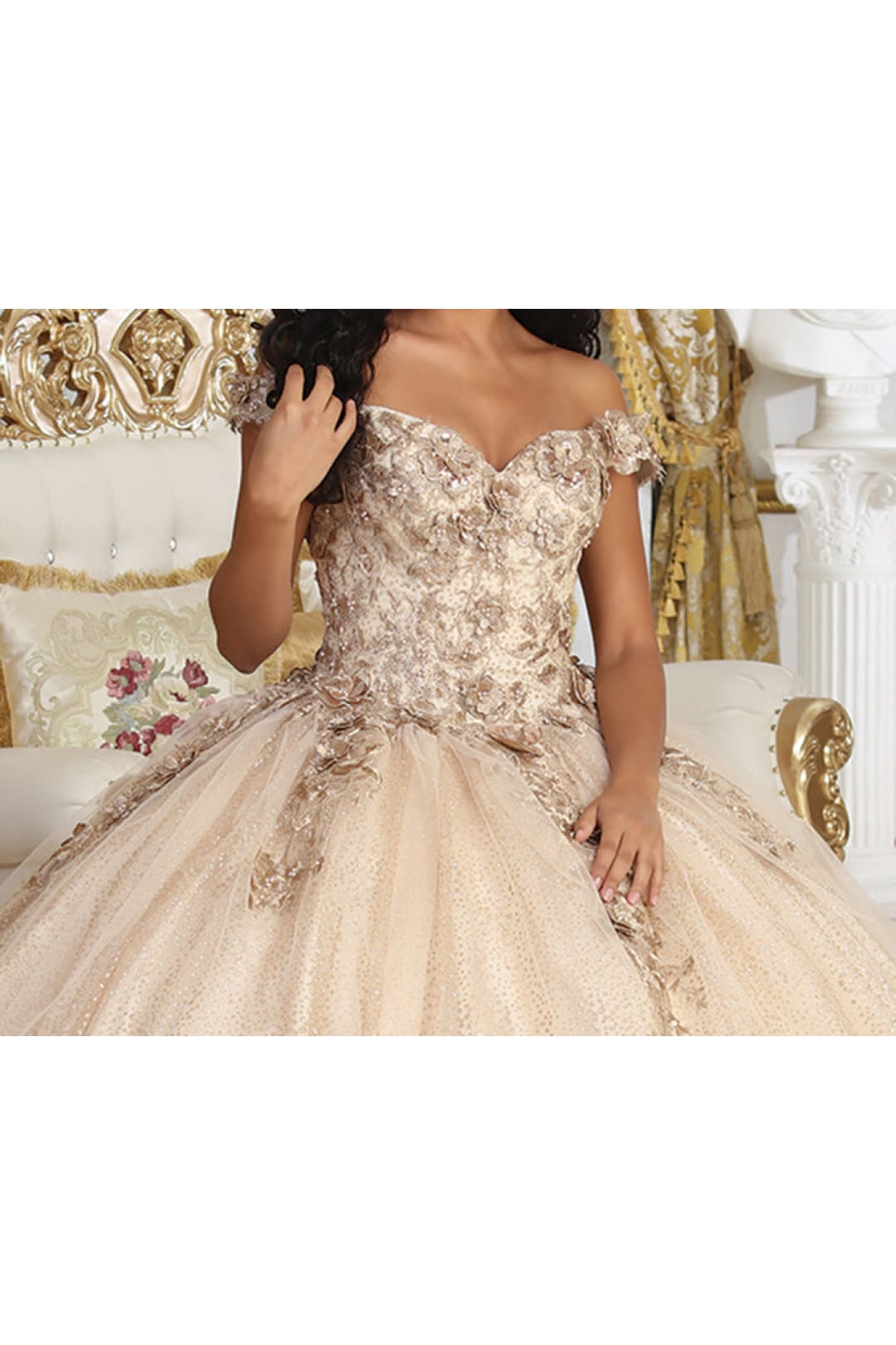 Layla K LK222 Off Shoulder 3D Floral Champagne Sweet 16 Ball Gown - Dress