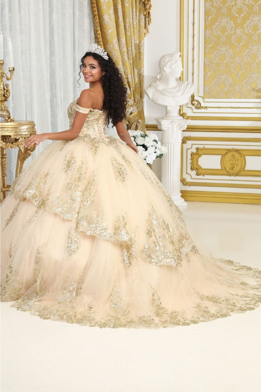 Layla K LK224 Plus Size Champagne Quinceanera Dress Off-Shoulder Embellished Glitter Ball Gown