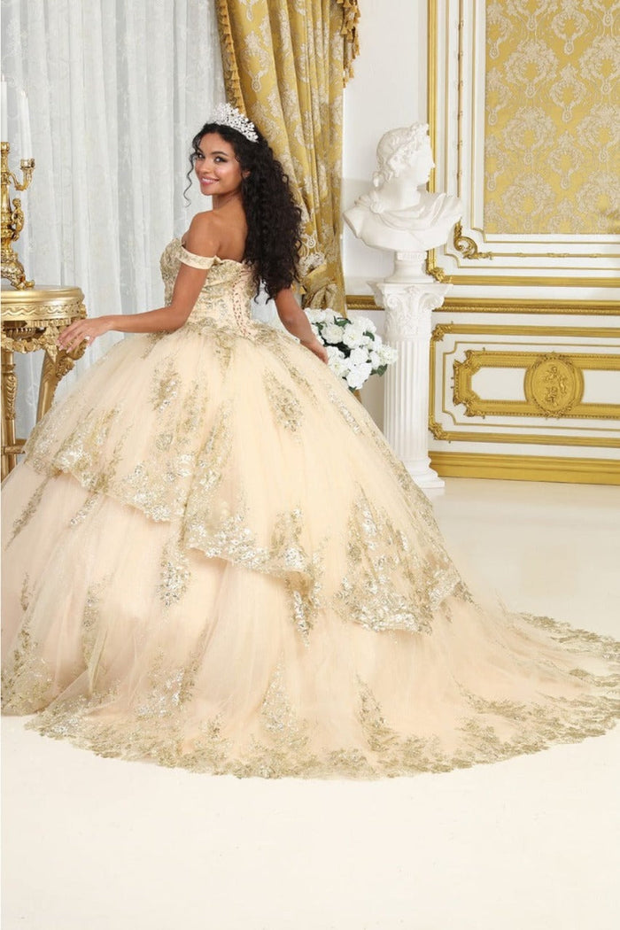 Layla K LK224 Plus Size Champagne Quinceanera Dress Off-Shoulder Embellished Glitter Ball Gown