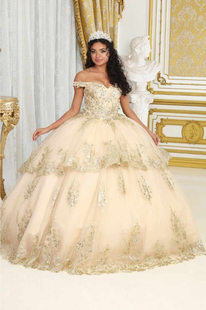 Layla K LK224 Plus Size Champagne Quinceanera Dress Off-Shoulder Embellished Glitter Ball Gown