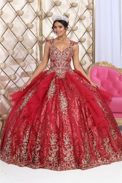Layla K LK231 Sweetheart Glitter Tulle Quinceanera Long Gown - Burgundy/Gold / 4 - Dress