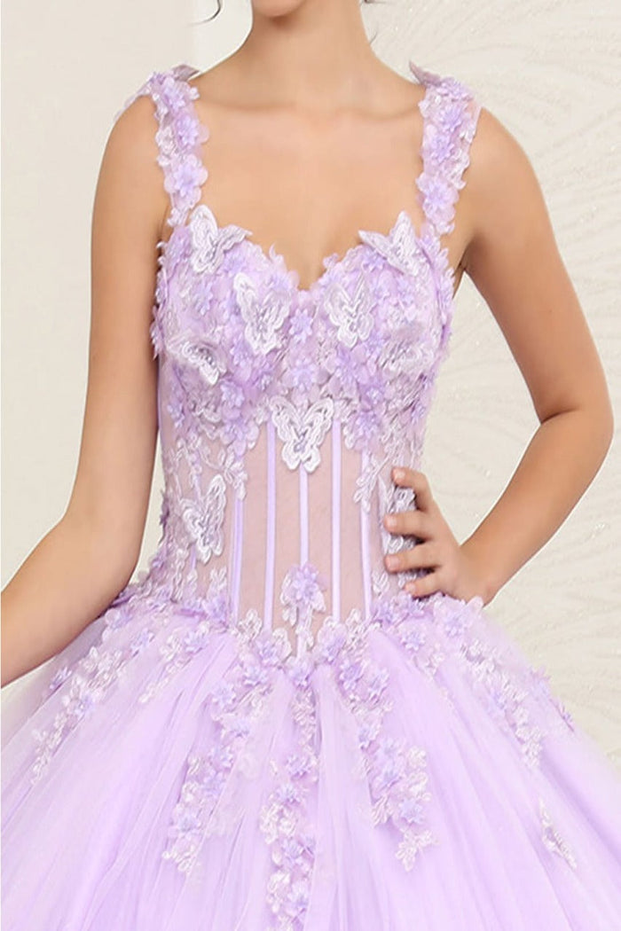 Layla K LK242 V-Neck 3D Butterfly Sheer Ball Sweet 16 Gown