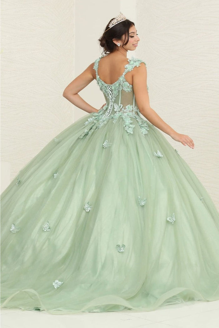 Layla K LK242 V-Neck 3D Butterfly Sheer Ball Sweet 16 Gown