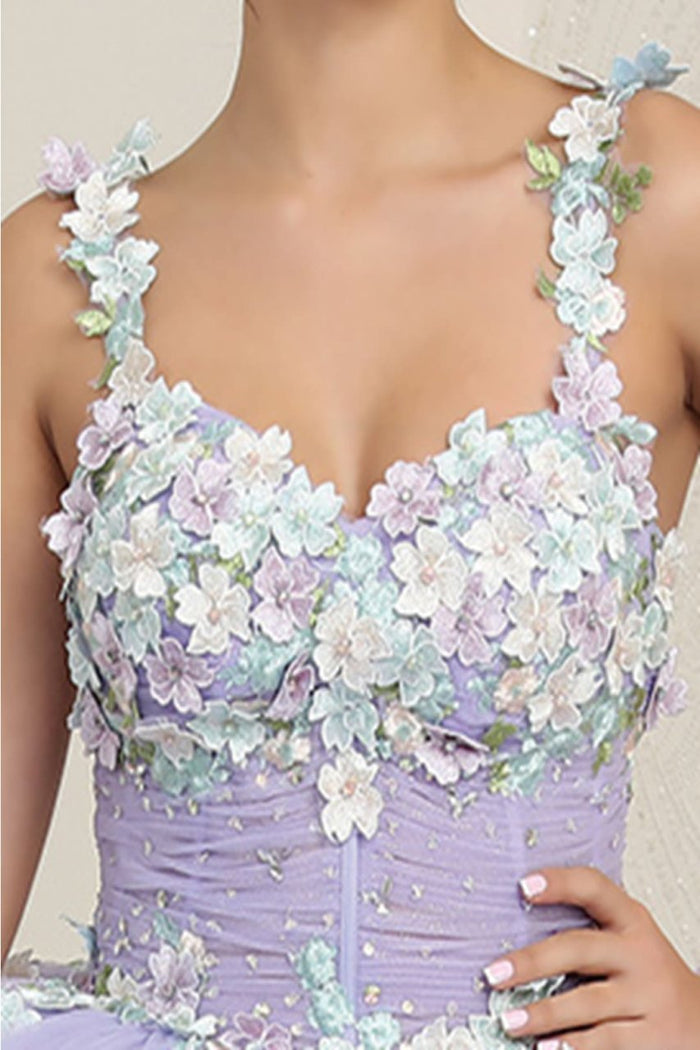 Layla K LK249 Lilac/Multi Floral Spaghetti Strap Quinceanera Gown