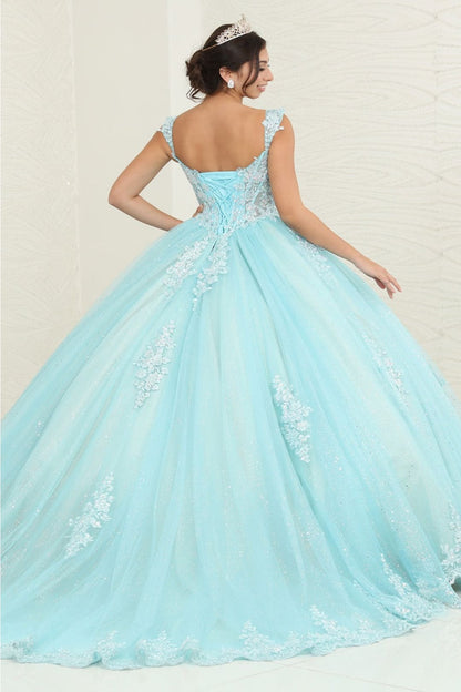 Layla K LK253 Floral Sheer Corset Glitter Tiffany/BlueNude Ball Gown - Dress