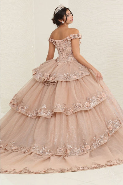 Layla K LK255 Champagne Off-Shoulder Quince Gown with Detachable Tail - Dress
