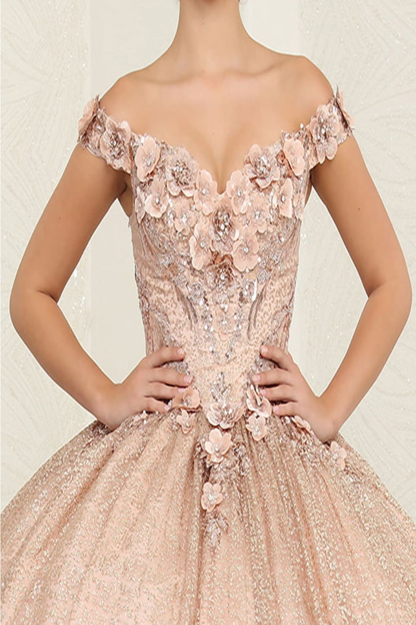 Layla K LK255 Champagne Off-Shoulder Quince Gown with Detachable Tail - Dress