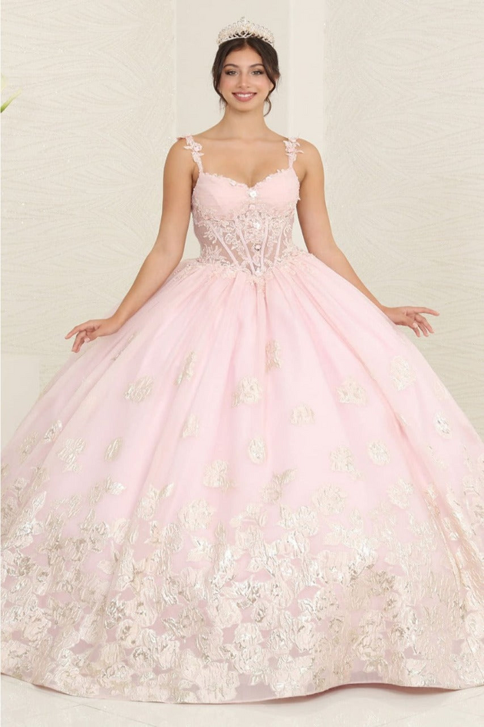 Layla K LK256 Sheer Bodice Floral Sleeveless Blush Quinceanera Gown