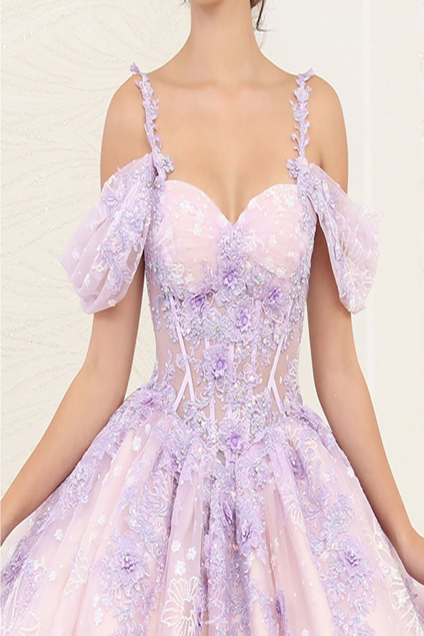 Layla K LK257 Sheer Corset Bodice Lilac/Blush Embellished Quince Gown - Dress