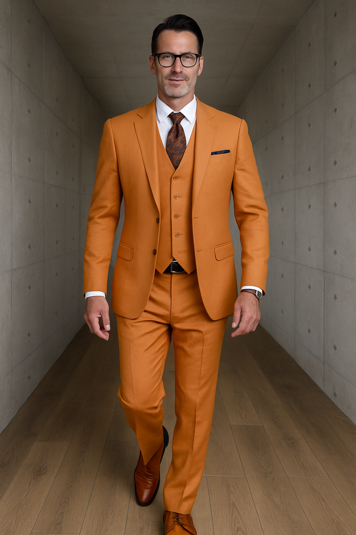 Mens 2 Button Slim Fit Vested Wool Suit in Rust