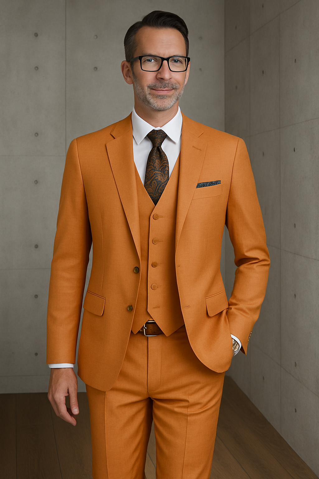 Mens 2 Button Slim Fit Vested Wool Suit in Rust